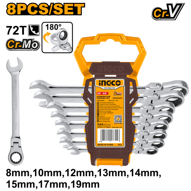 LLAVES COMBINADAS CON CRIQUE PLEGABLES 19MM X 8PCS-INGCO HKSPAR1083