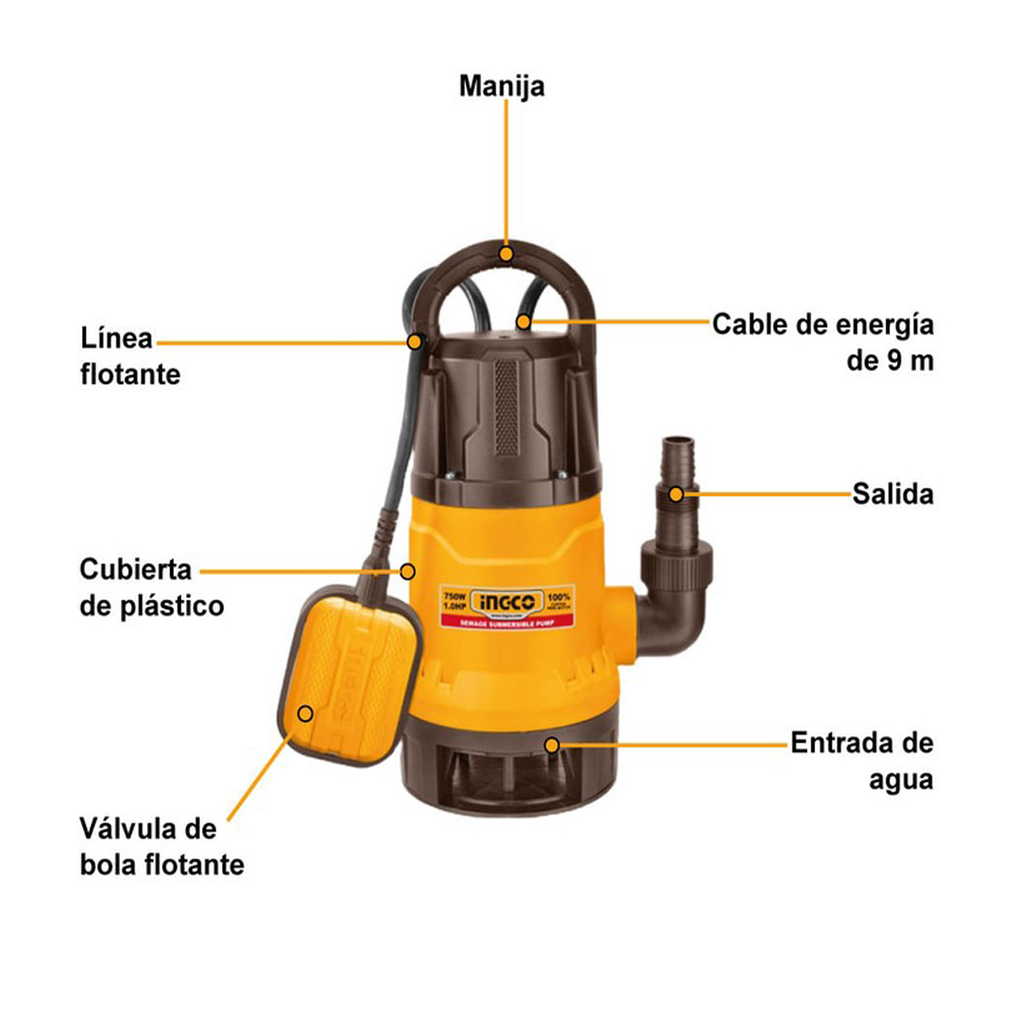 BOMBA SUMERGIBLE AGUA SUCIA 1HP-INGCO SPD7508-4 - Imagen 2