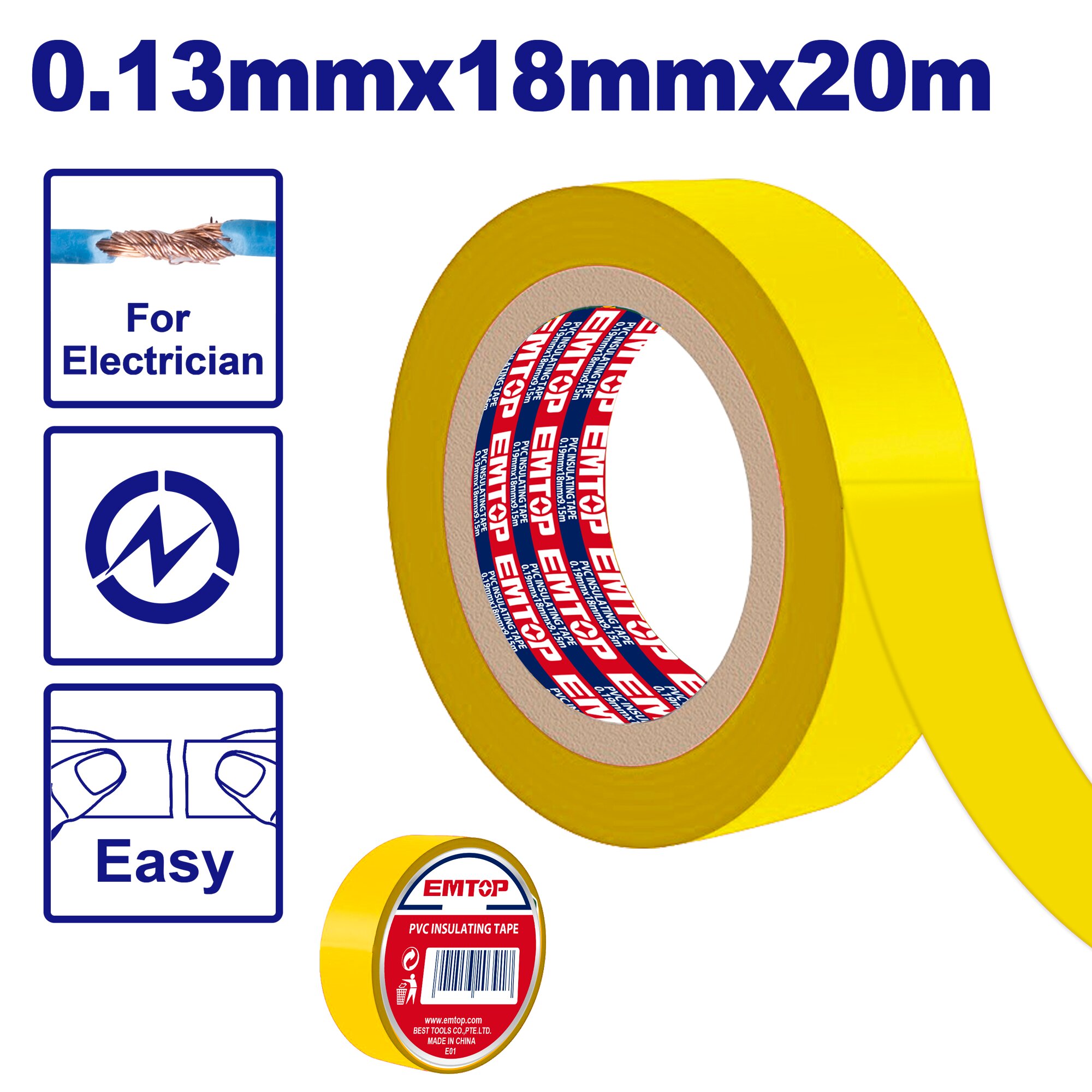 CINTA AISLADORA AMAR PVC 18MM X 18M 0,13MM-EMTOP EMPN1011