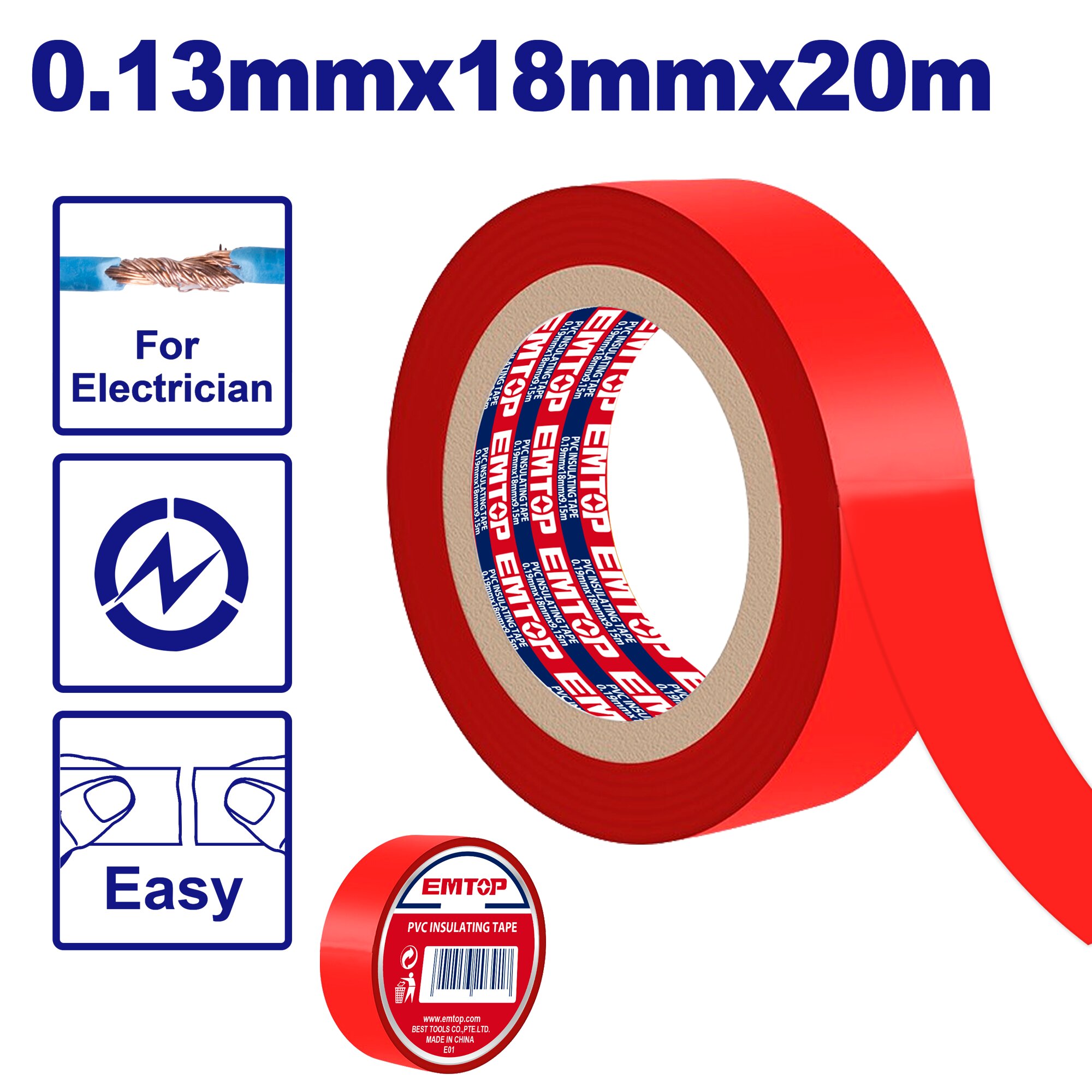 CINTA AISLADORA ROJO PVC 18MM X 18M 0,13MM-EMTOP EMPN1012