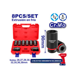 BOCALLAVES DE IMPACTO HEXAGONAL 3/4" X 8PCS - EMTOP EMSSD34082L