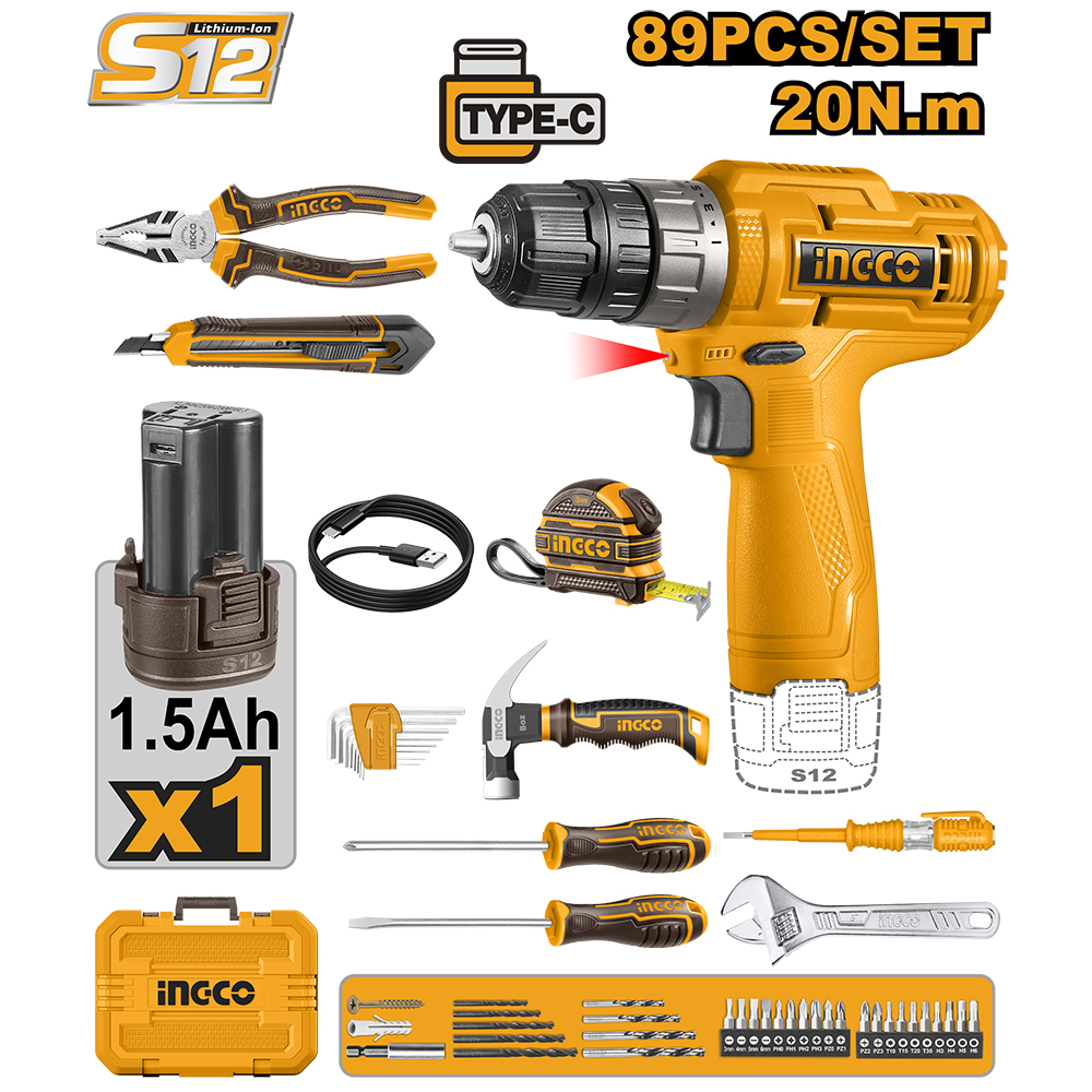 CAJA HERRAMIENTAS CON TALADRO 12V CON MALETIN 89 PIEZAS INGCO HKTHP10891 - Imagen 2