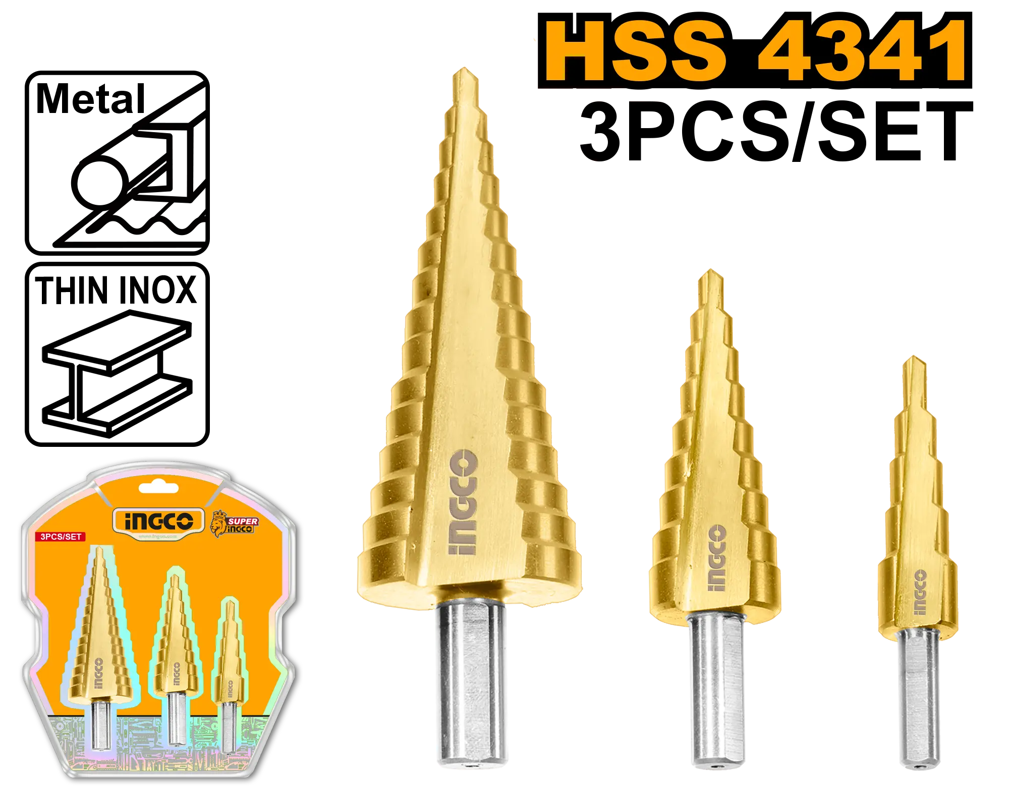 MECHA ESCALONADA TITANIO SET 3PCS HEXAG 1/4-INGCO AKSDS80401