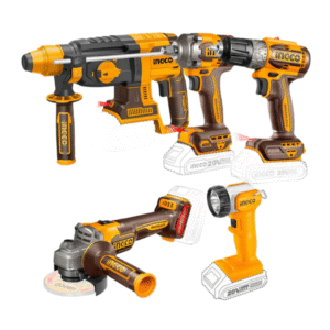 COMBO TALADRO PERCUTOR0 66NM+AMOLADORA 1000W 115MM+ROTO 2.5J+LLAVE IMPACTO 400NM+LINTERNA 270LUM + BOLSO CON RUEDAS - INGCO CKLI2059-4