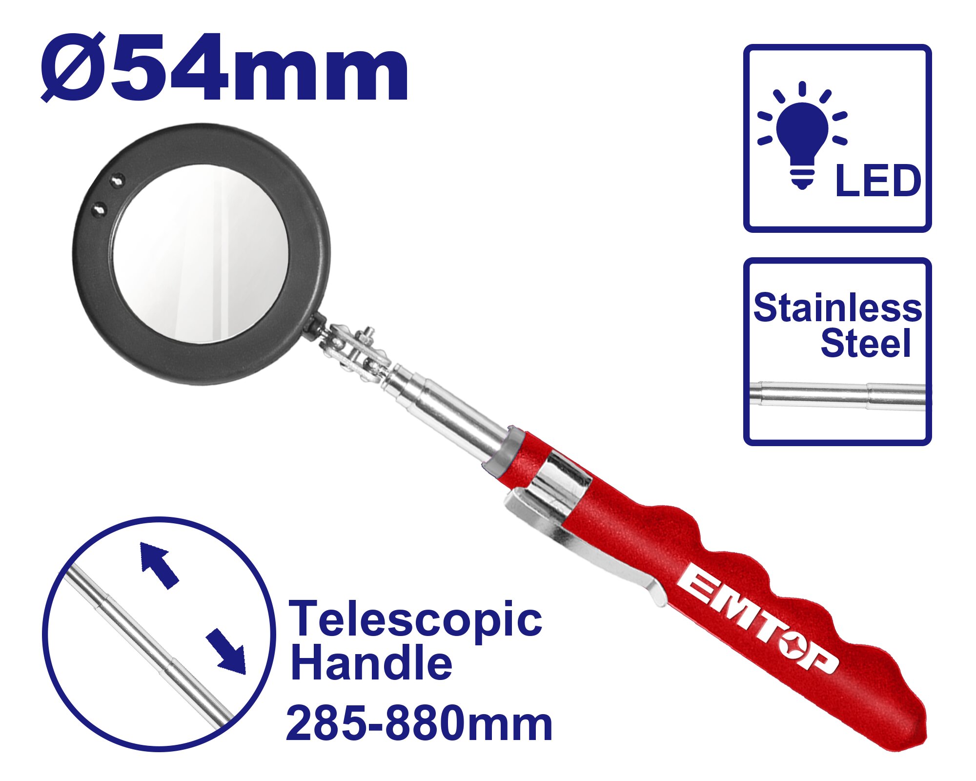 ESPEJO TELESCOPICO LED 880MM 54 X 285MM-EMTOP EMTU1688