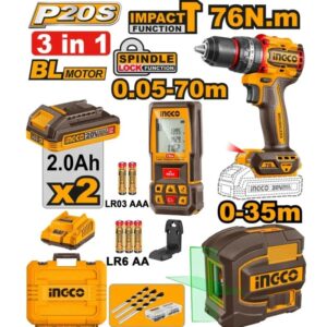 COMBO TALADRO PERCUTIR 76NM+NIVEL LASER+MEDIDOR DISTANCIA-INGCO COSLI250511-4