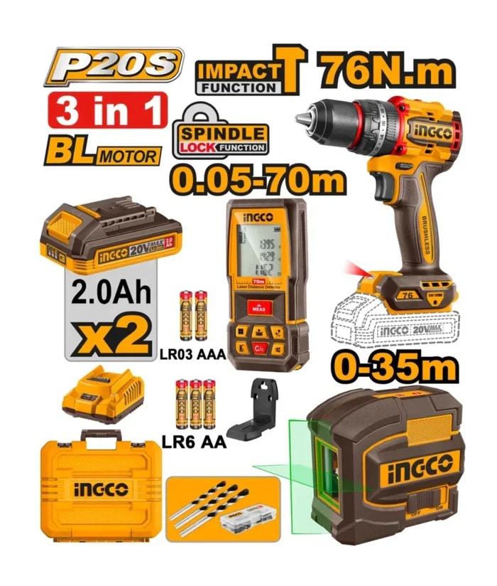 COMBO TALADRO PERCUTIR 76NM+NIVEL LASER+MEDIDOR DISTANCIA-INGCO COSLI250511-4