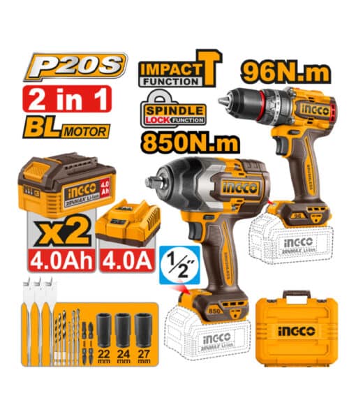 COMBO TALADRO PERCUTOR 96NM+LLAVE DE IMPACTO 850NM -INGCO COSLI250586-4