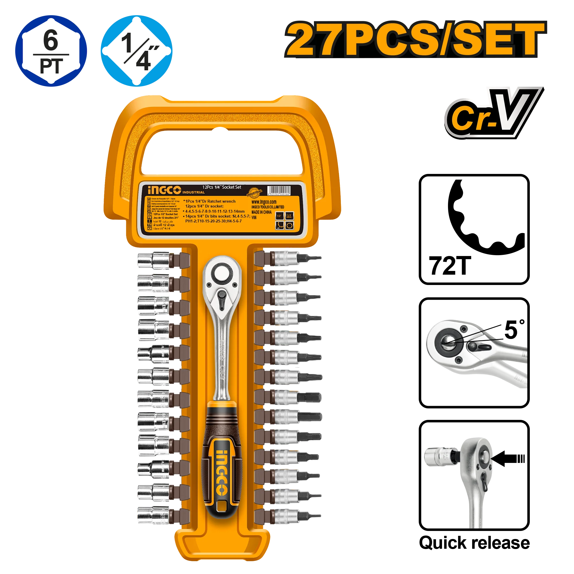 LLAVES Y BOCALLAVES C/CRIQUET 1/4" X 27PCS-INGCO HKTS14271