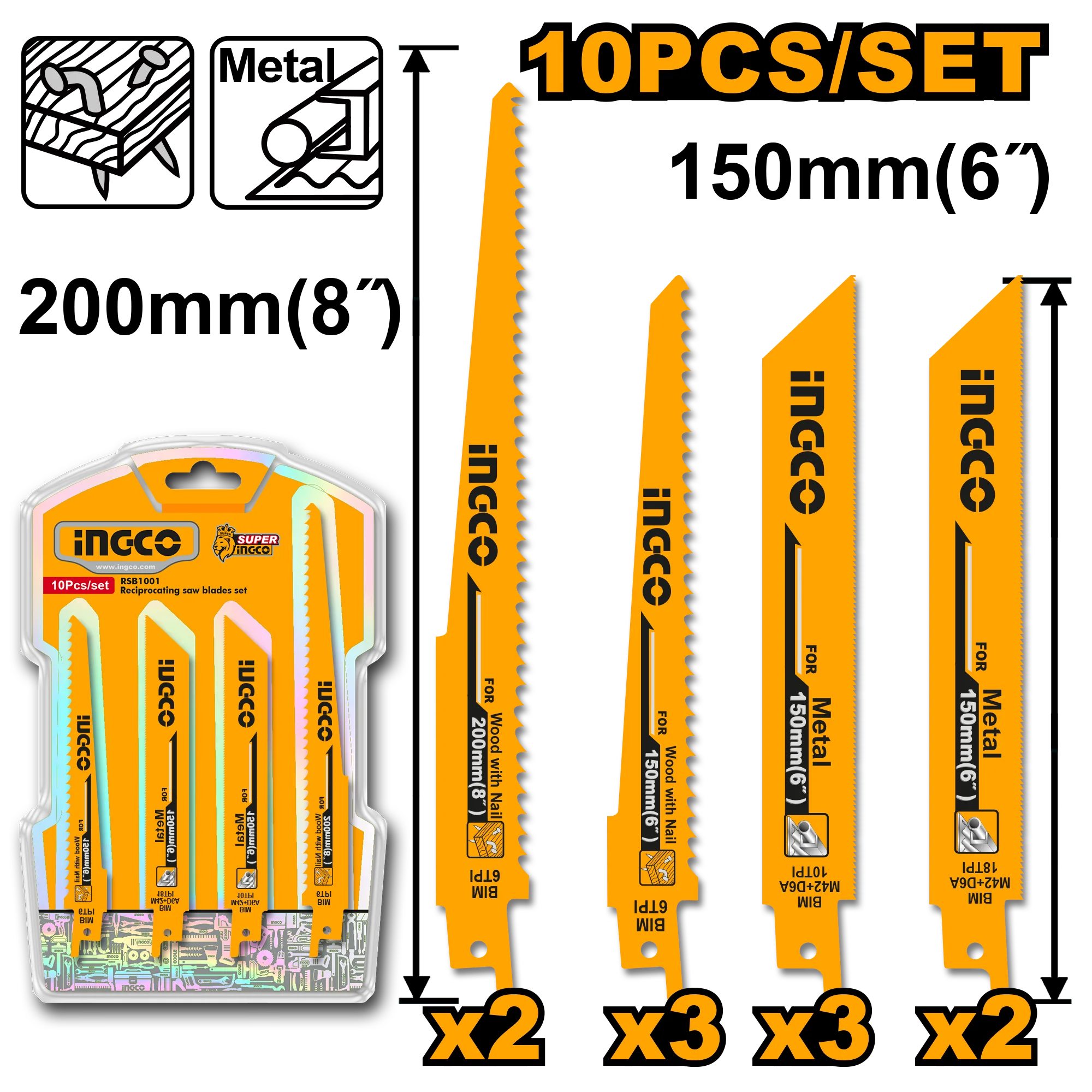 HOJAS PARA SIERRA SABLE X 10PCS METAL/MADERA - INGCO RSB1001