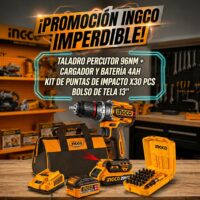 PROMO TALADRO PERCUTOR 96NM CARGADOR BATERIA PUNTAS BOLSO INGCO